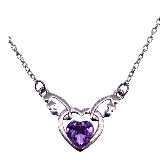 Imitation Purple Amethyst Cubic Zirconia Angel Wings Heart Necklace Gift Box - Picture 3 of 9